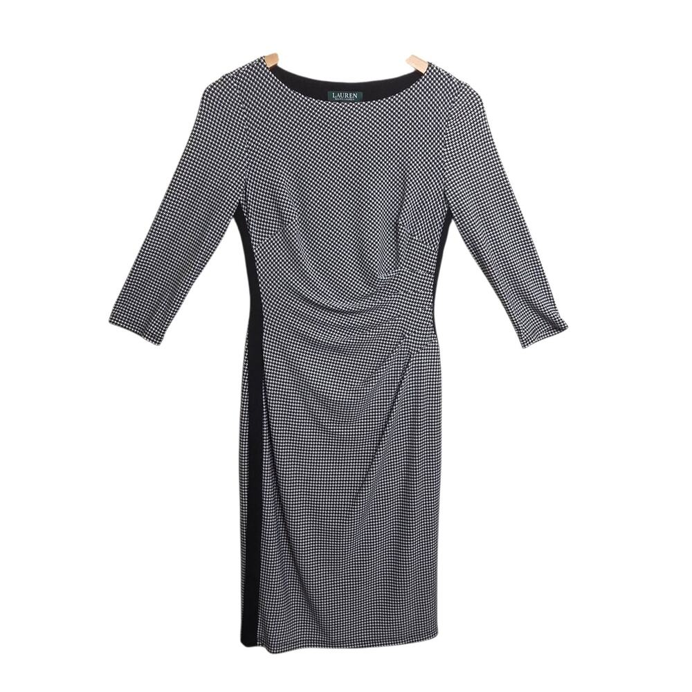 Lauren Ralph Lauren Womens Houndstooth‎ Ruched Knee Length 3/4 Sleeve Dress SZ 2